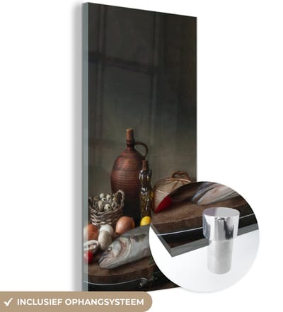 MuchoWow® Glasschilderij 60x120 cm - Schilderij acrylglas - Rustiek - Vis - Stilleven - Groente - Kruiden - Foto op glas - Schilderijen