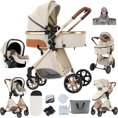 3-in-1 Opvouwbare Kinderwagen met Hoge Zichtbaarheid en Verstelbare Zitrichting