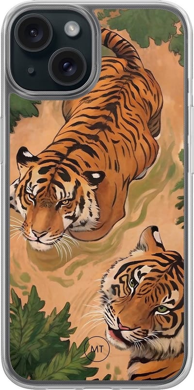 Hybride hoesje geschikt voor iPhone 13 - Wild tigers - Extra bescherming - Luxe beschermhoes - TPU case - Transparant, Oranje - Mooie Telefoonhoesjes