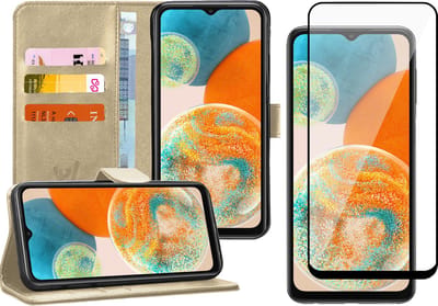 Hoesje geschikt voor Samsung A23 - Book Case Kunstleer Wallet Cover Portemonnee Pasjeshouder Hoes Goud - Full Tempered Glass Screenprotector