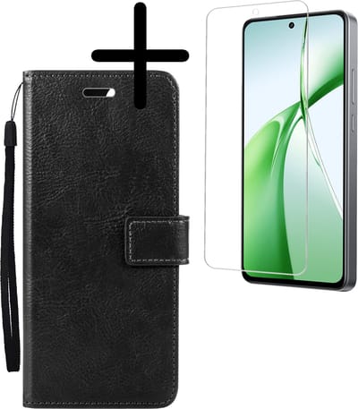 Hoesje Met Screenprotector - Geschikt voor OnePlus Nord CE4 - Luxe Pasjeshouder - Bookcase Portemonee - Flip Case - Kunstleer Book Case - Flipcase - Book Cover - Walletcase - Portemonneehoes - Zwart