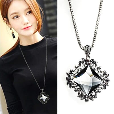 Collier Long Géométrique en Cristal Vintage pour Femmes Bijoux Mode Colliers et Pendentifs Pull Cadeau Mignon gris