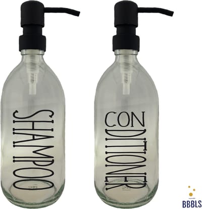 BBBLS® Design Dispenser Giftset "Shampoo Conditioner" | Transparant Kunststof | 500ml | RVS / Metaal Pomp Zwart | Zeeppomp | Zeepdispenser | Zeephouder