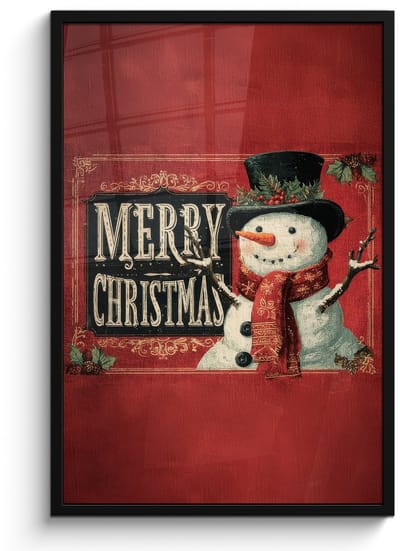 Poster in lijst - Fotolijst 60x90 cm - Posters - Klassiek - Kerstgroet - Sneeuwpop - Rood - Posterlijst zwart - Decoratie - Wanddecoratie woonkamer - Muurdecoratie slaapkamer - Kerstversiering - Kerstdecoratie voor binnen - Kerstmis