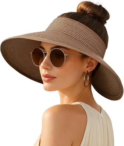 Ulisem - Dames Zonneklep Strohoed - Opvouwbare Zonnehoed Met Brede Rand En UV Bescherming - Verstelbare Visor Voor Strand Tuin En Vakantie - bruin