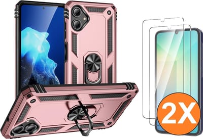 Hoesje Geschikt voor Samsung Galaxy A06 Hoesje Rose Goud Anti-Shock Hybrid Armor hoesje Met Draaibare Ring Houder - Samsung A06 Screenprotector 2 pack