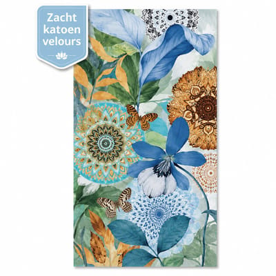 Strandlaken Blauw Mandala 100x180 cm – 100% Katoen Velours – Zacht en Absorberend – Groot Badlaken met Bloemen