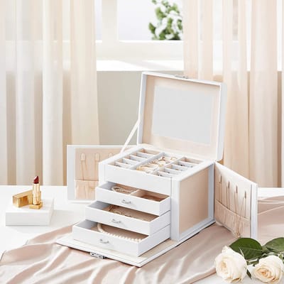 MIRA Home Sieradendoos - Sieradenkist 4 Niveaus - Wit - MDF - 22,5x16,5x17,5