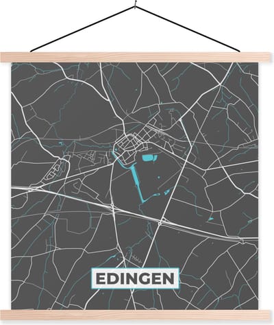 Posterhanger incl. Poster 40x40 cm - Schoolplaat - Stadskaart – Grijs - Kaart – Edingen – België – Plattegrond - Textielposter - Blanke latten - Stadskaart