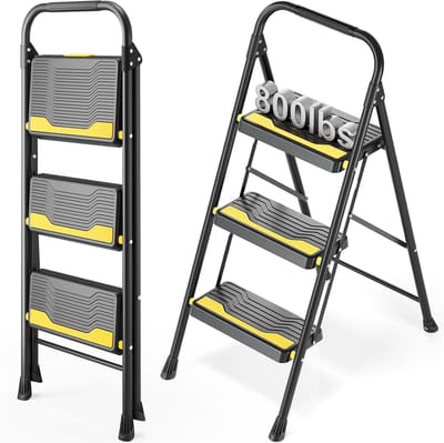 Trapladder 3 Treden - Inklapbaar & Hoog Belastbaar tot 150 kg - Antislip Treden met Leuning - Compact en Draagbaar voor Huis, Kantoor en Tuin
