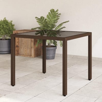 Tuintafel met glasplaat - Terrastafel Balkontafel - Buiten dineren - Weerbestendig polyrotan - 90 x 90 x 75 cm - Bruin
