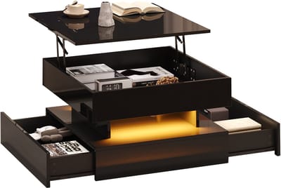 MODFU Salontafel 65x65x38,5 cm van spaanplaat, hoogglans zwart, in hoogte verstelbaar blad met LED en 2 lades