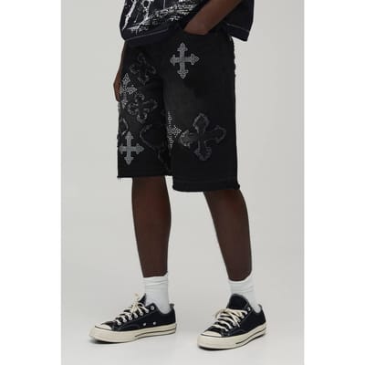Denim Jorts Met Stras Kruis Applicatie | Black | Size 38R