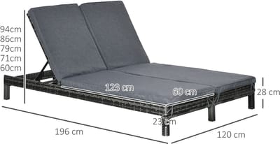 Ligbed - Dubbel Ligbed Voor 2 Personen - 5-Voudig Verstelbare Rugleuningen - Voor Tuin En Terras - PE-Rattan En Metaal - Grijs