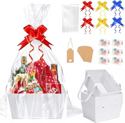 Dailygoods- Geschenkmanden Premium Set van 6 - Lege Kraftmanden - Cellofaanzakken - Cadeaulabels - Wenskaarten - Duurzaam Kraftkarton - Cadeaumanden