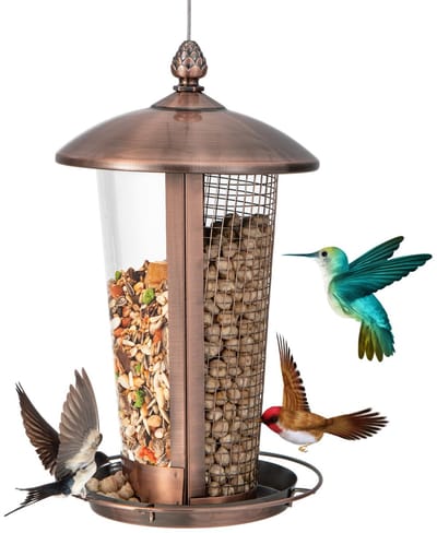 COSTWAY Vogelvoederhuis om op te hangen, 2 buizen voor verschillende vogelzaden, vogelvoederdispenser van metaal, voederhuisje voor wilde vogels, vogelvoederstation, wildvogelhuisje voor tuin, balkon