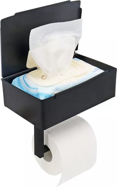 Framehack - Toiletrolhouder met bakje - Opbergvak en plankje - Zwart - of boren - Toilet accessoires