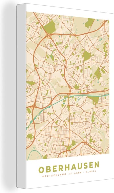 Canvas Schilderij Kaart - Oberhausen - Stadskaart - Vintage - Plattegrond - 20x30 cm - Wanddecoratie
