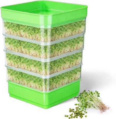 kweekset voor bonenkiemen met 4 etages, stapelbare groene micro-organismen kweekbakken voor bonen, alfalfa en tarwegras