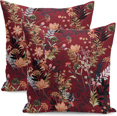 De Groen Home BLOEM - 45x45 cm - Sierkussen velvet set van 2 - Bloemen op bordeaux - Inclusief binnenkussen