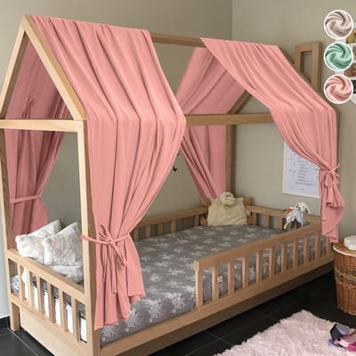 Bedhemel Set voor Kinderbed, 130x320cm, 100% Organisch Mousseline Katoen, Slaapkamer Decoratie voor Jongens en Meisjes, Donkerroze, Bedaccessoires