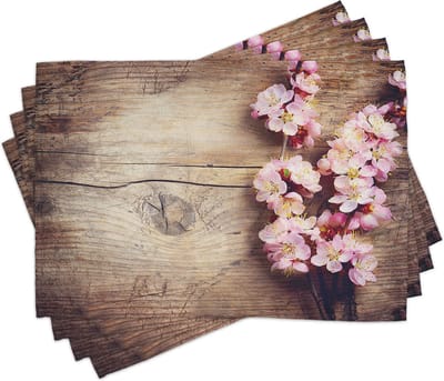 New Bed Bloem Lentebloesem op hout Set van 4 Placemat voor Eettafel, Wasbare Stof met Antislip Achterkant