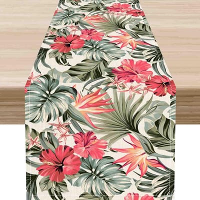 Lente Bloemig Groen Blad Linnen Tafel Runner Feestdecoratie Zomer Tropische Bloem Palmbladeren Tafel Runners voor Tafeldecoratie 150x33cm
