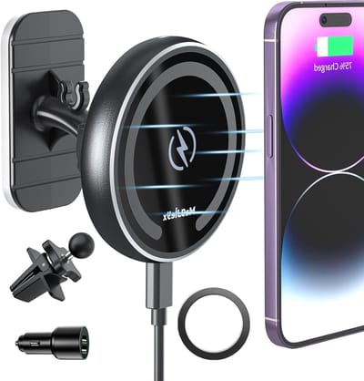 Magnetische Auto Telefoonhouder met Oplaadfunctie, Draadloze Autolader voor iPhone 16, 15, 14, 13, 12 - Snelladen voor Dashboard en Luchtventilatie, Inclusief QC3.0 Oplaadadapter