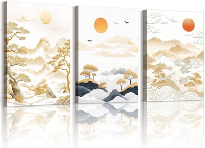 3-Delige Set Canvas Schilderij Zonsondergang Berg Natuur Abstract Landschap voor Woonkamer Slaapkamer