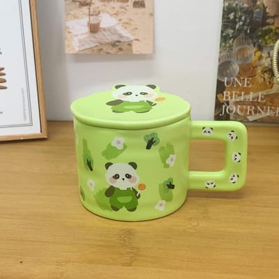 Panda Mok Familie van Drie Waterbeker met Deksel Leuke Keramische Beker voor Vrouwen met Hoge Mooie Huishoudelijke Koffie Ontbijtbeker 301-400ml beige
