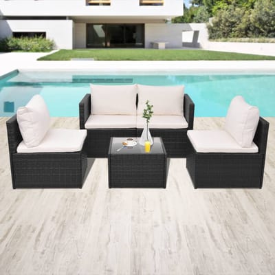 vidaXL - 5-delige - Loungeset - met - kussens - poly - rattan - zwart