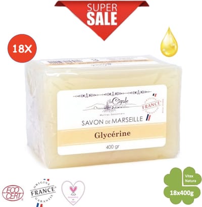 Glycerine Marseillezeep cube 18x400g | La Cigale | Multifunctionele zeep | Gemakkelijk biologisch afbreekbaar.