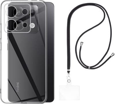 Set met hoesje en nekband voor xiaomi redmi note 13 pro 5g - Flexibele, transparante TPU-bescherming, verstelbare universele nekband voor mobiele telefoons, zwarte nekband, transparante draagriem van Phonillico®