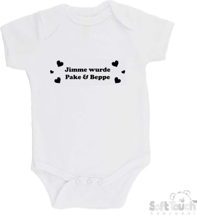 100% katoenen Romper "Jimme wurde Pake & Beppe" zwangerschapsaankondiging Fries Unisex Katoen Wit/zwart Maat 62/68