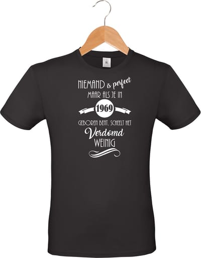 mijncadeautje - unisex T-shirt - zwart - Niemand is perfect - geboortejaar 1969 - maat S