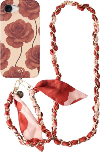AVY Hoesje Met Telefoonkoord | Geschikt voor Apple iPhone 17e / 16e | Compatibel met MagSafe & Qi2 | Hard Shell Back Cover | Stijlvol Bijpassend Koord Crossbody (120CM) | Botanique Roses