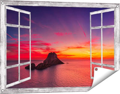 Gards Tuinposter Doorkijk Ibiza Rotsen Eiland bij Zonsondergang - 90x60 cm - Tuindoek - Tuindecoratie - Wanddecoratie buiten - Tuinschilderij