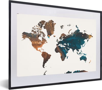 Poster in lijst - Fotolijst 60x40 cm - Posters - Wereldkaart - Blauw - Verf - Posterlijst zwart - Decoratie - Wanddecoratie woonkamer - Muurdecoratie slaapkamer