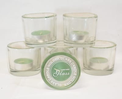 ZoeZo Design - 6 stuks - waxinelichtjeshouder - zwaar glas - glas - groene rand - met theelichtjes - H8 x Ø8 cm - herbruikbaar