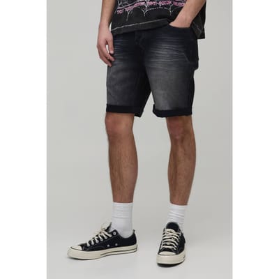 Skinny Stretch Zwaar Gebleekte Gescheurde Denim Shorts | Washed Black | Size 28