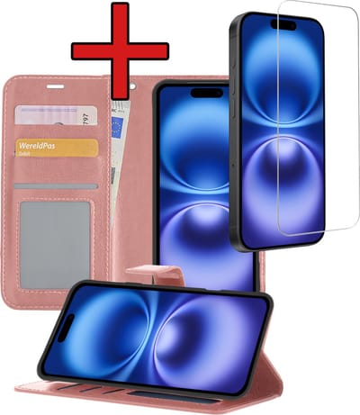 Hoesje - Met Screenprotector - Geschikt voor Apple iPhone 16 - Luxe Pasjeshouder - Flipcase - Bookcase Portemonee - Flip Case - Kunstleer Book Case - Book Cover - Walletcase - Portemonneehoes - Telefoonhoes - Rosé goud