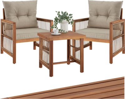tectake® Loungeset Eivissa - Tuinset in Wicker Rope-Design - Tuinmeubelen Set met 2 Tuinstoelen van Hout en 1 Tuintafel - Inclusief XXL Kussens met Waterafstotende Hoezen - Weerbestendig - Bistroset voor Tuin, Balkon en Terras