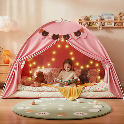 YEERSWAG Kinderbedtent Full Bedtent 196×140×132cm Speeltent - Roze Kastelontwerp - LED Sterrenverlichting - Inclusief Berenvlaggetjes