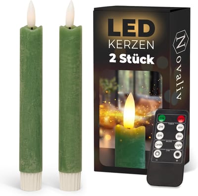 Novaliv LED-kaarsen met timer groen 2-pack voor binnen met 6-uurs timer - ECHTE WAS 18 cm hoogte voor kaarsen 2,2 cm diameter 2 AAA-batterijen vereist LED-kaarsen flikkerende vlam bewegende vlam