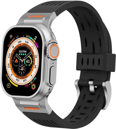 Stravo Robuust Mechanisch Siliconen Sportbandje met Ventilatiegaten – Geschikt voor Apple Watch 46mm (Series 11/10), 45mm (Series 7/8/9), 44mm (Series 4/5/6, SE 1/2/3), 49mm (Ultra 1/2/3) – Ademend Siliconen Horlogebandje – Zwart