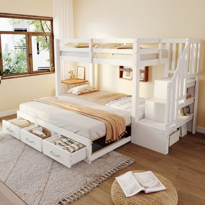 Sweiko Stapelbed - 90/180 × 190 cm - Met uitschuifbaar bed - 3 lades - Opbergrek - Wit