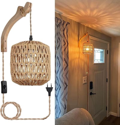 Wandlamp hout binnen, Vintage wandlamp met gevlochten rotan schaduw, E27 Retro wandverlichting met schakelaar en stekker, Landhuis, Rustiek, Voor slaapkamer, Woonkamer (Zonder gloeilamp)