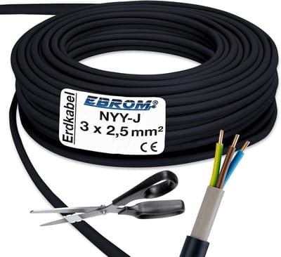 Starkstroomkabel NYY-J 3x2,5 mm² 25 meter - buitengebruik aardkabel zwart