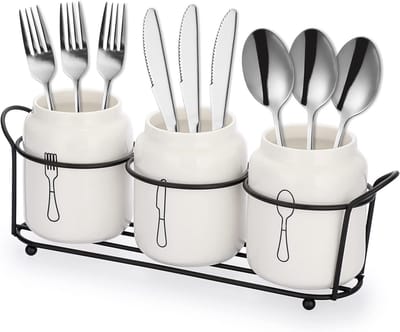 3-delige bestekbak keramische bestekmand bestekhouder keukengereihouder keramisch bestek metalen frame lepelhouder aardewerk organizer werkblad keukentafel kast keuken wit