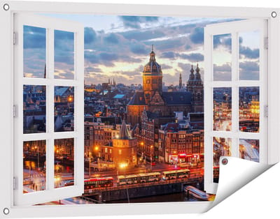 Gards Tuinposter Doorkijk Amsterdam Centrum Luchtfoto Zonsondergang - 90x60 cm - Tuindoek - Tuindecoratie - Wanddecoratie buiten - Tuinschilderij